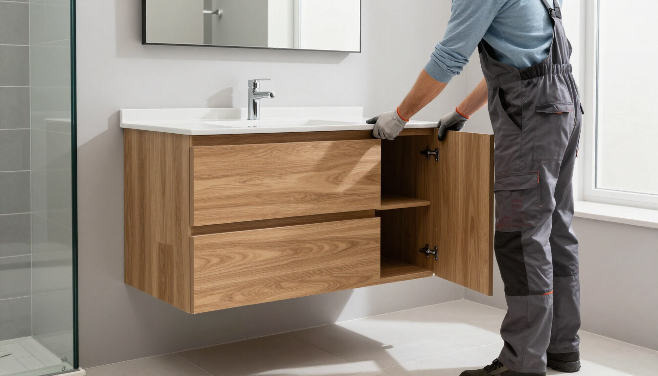 Installer mounting a bathroom vanity with trusted custom cabinet service in Amarillo, TX for stylish storage space.