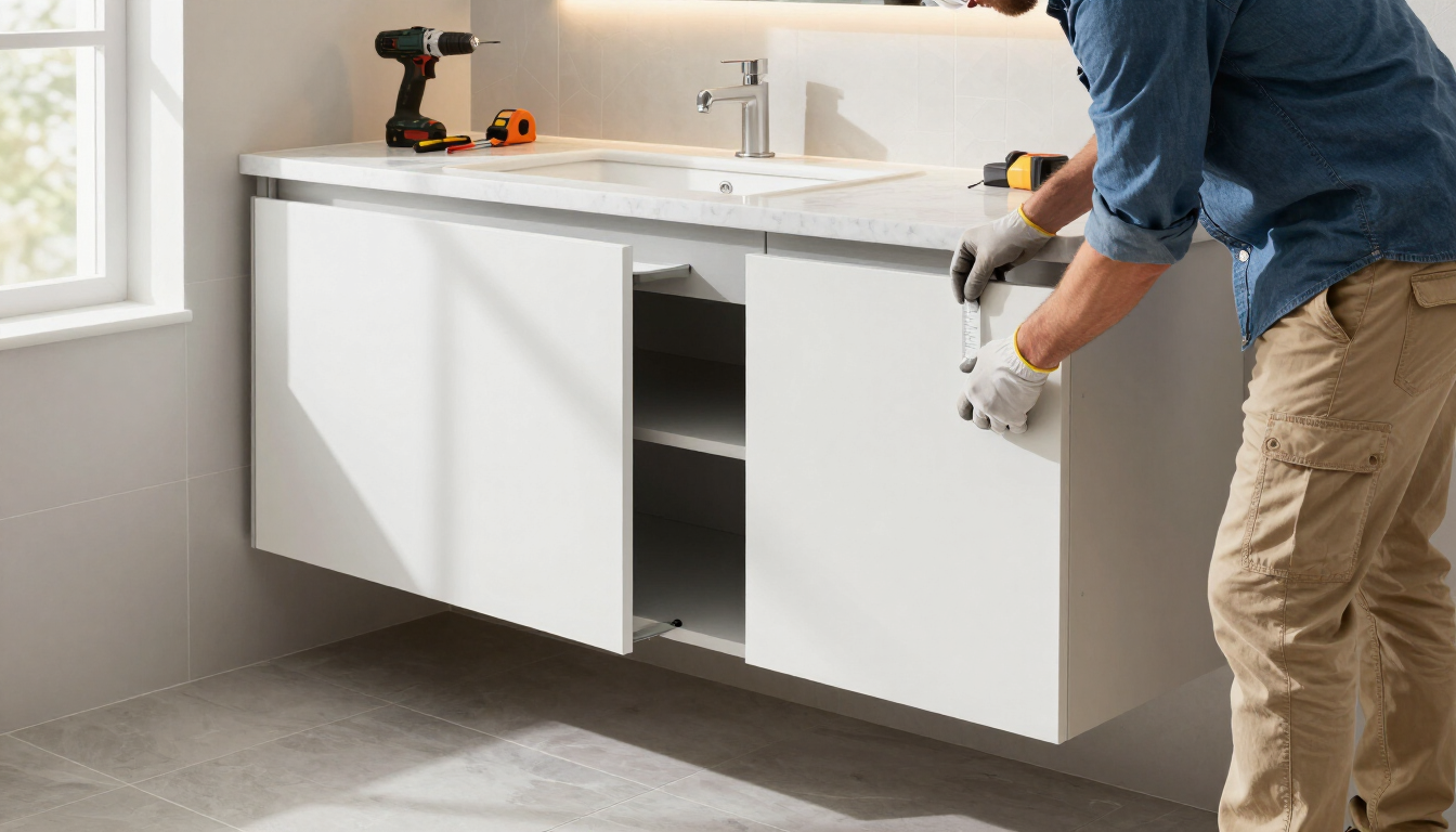 Craftsman securing vanity cabinetry using custom cabinet service in Amarillo, TX for a durable bathroom upgrade.