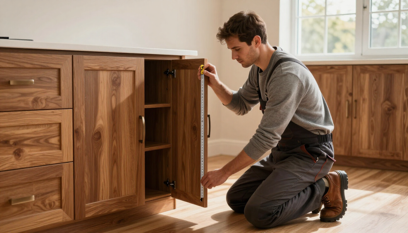 Carpenter adjusts built-in cabinet doors during custom cabinet service in Amarillo, TX for a smooth fit and alignment.