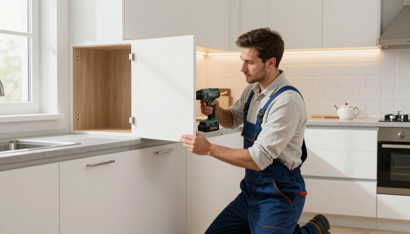 Professional fitting modern kitchen cabinets through custom cabinet service in Amarillo, TX with precision craftsmanship.
