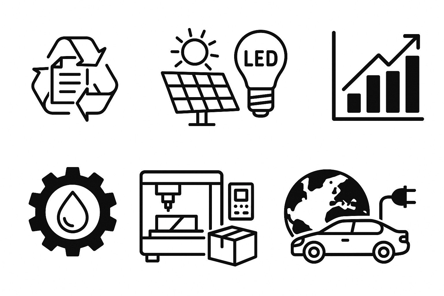 Symbole: Recycling, Solarpanel & LED, steigender Graph, Zahnrad mit Abfall, Produktionsmaschine, Aufladen von Elektroautos.