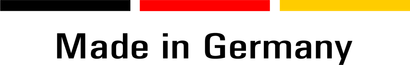 „Made in Germany“ in den Farben der deutschen Flagge (schwarz, rot, gelb).