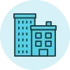 Two blue buildings within a light blue circle.