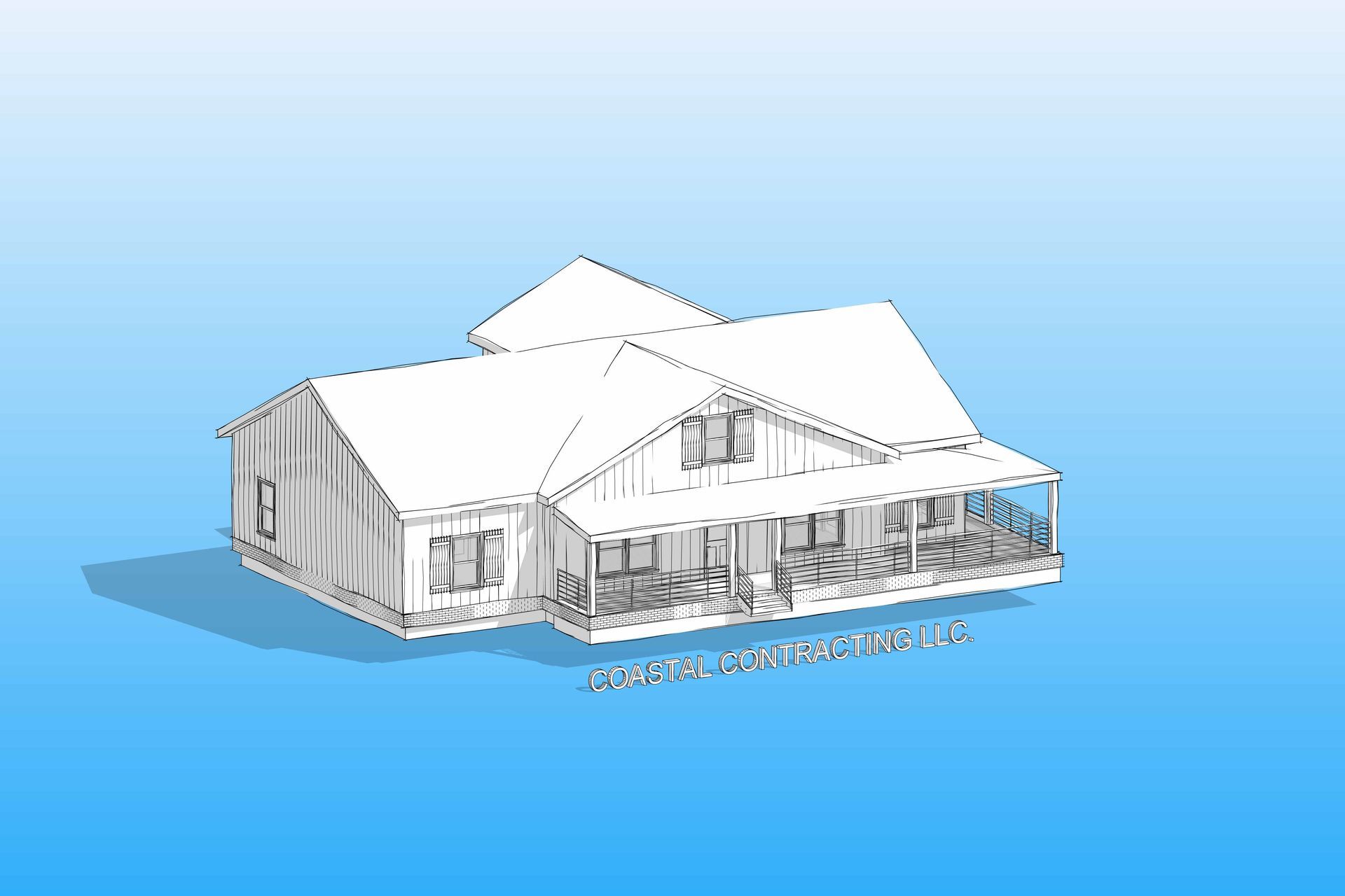 Architectural rendering of a house with a porch, featuring a blue gradient background and the company name “Coastal Contracting LLC”.