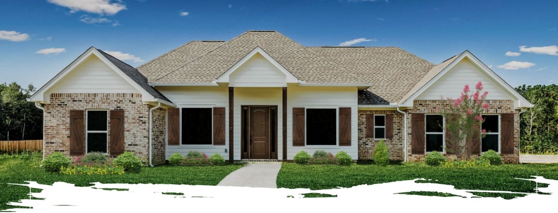 A modern brick house with a light brown roof, brown shutters, and a blue sky.