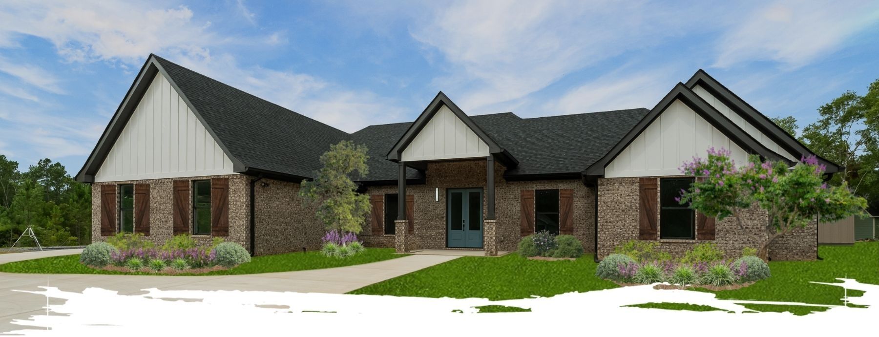 Brick home with black roof, white gables, and blue front door on a sunny day.