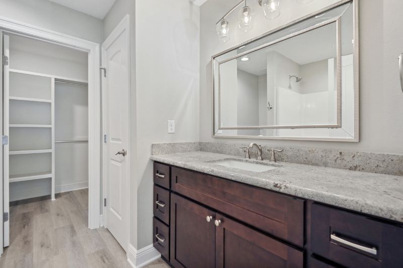 Bathroom with brown vanity, granite countertop, large mirror, and closet.