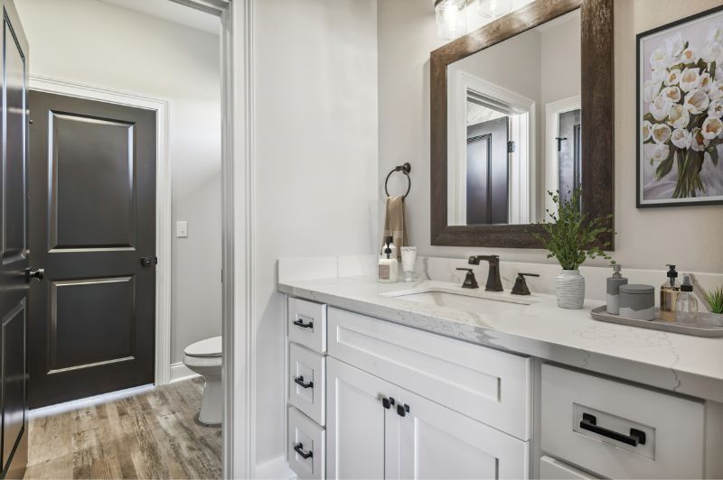 White bathroom with dark brown door, white vanity with black hardware, large mirror, and floral artwork.