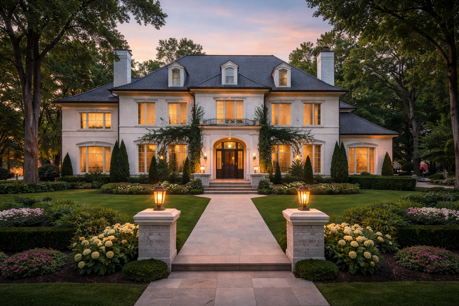Two-story colonial luxury home in Charlotte, North Carolina, with an illuminated facade and manicured front lawn at dusk.