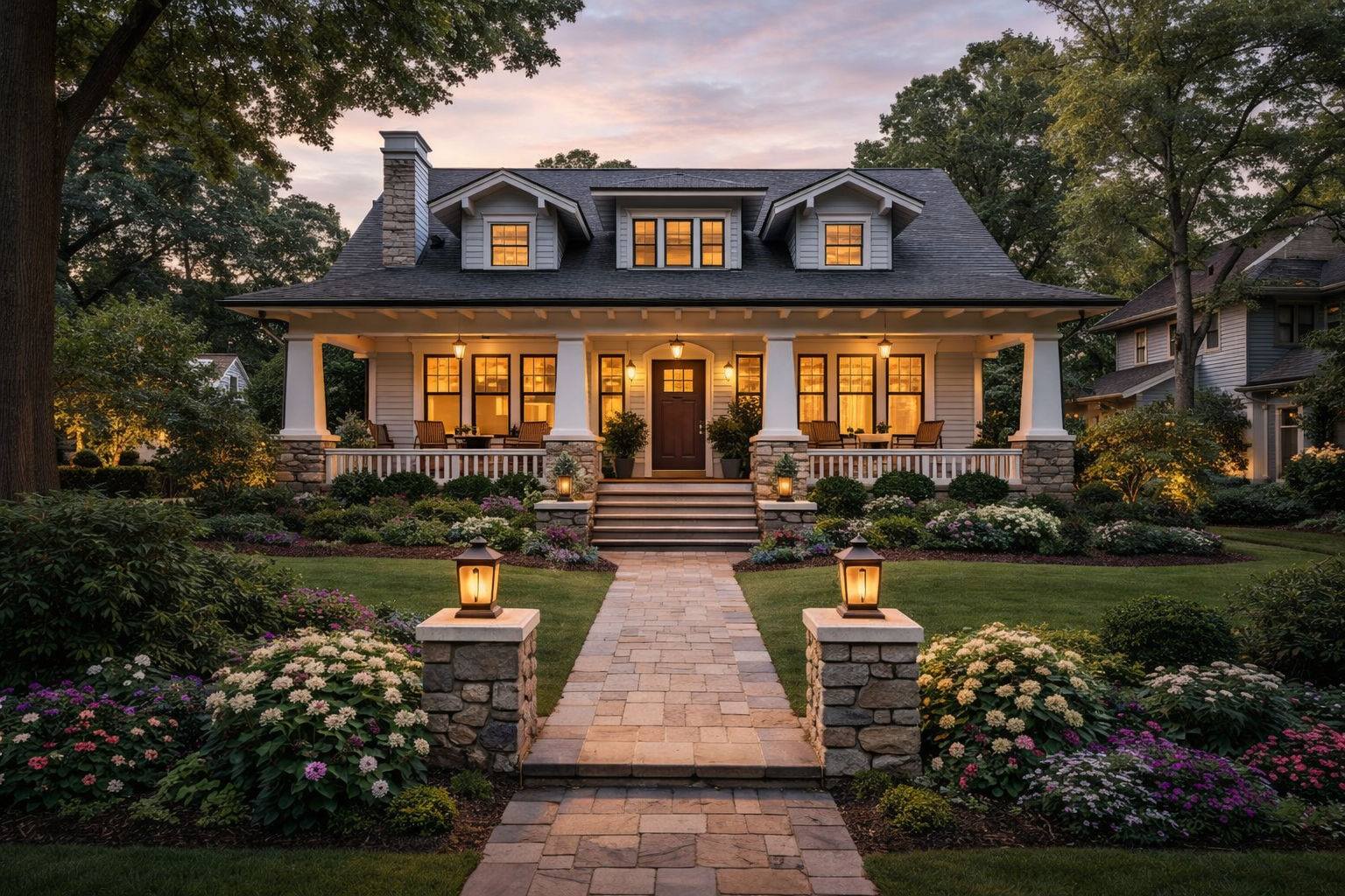 Traditional two-story luxury home in Charlotte, NC, with dormer windows and professional landscape lighting in the evening.