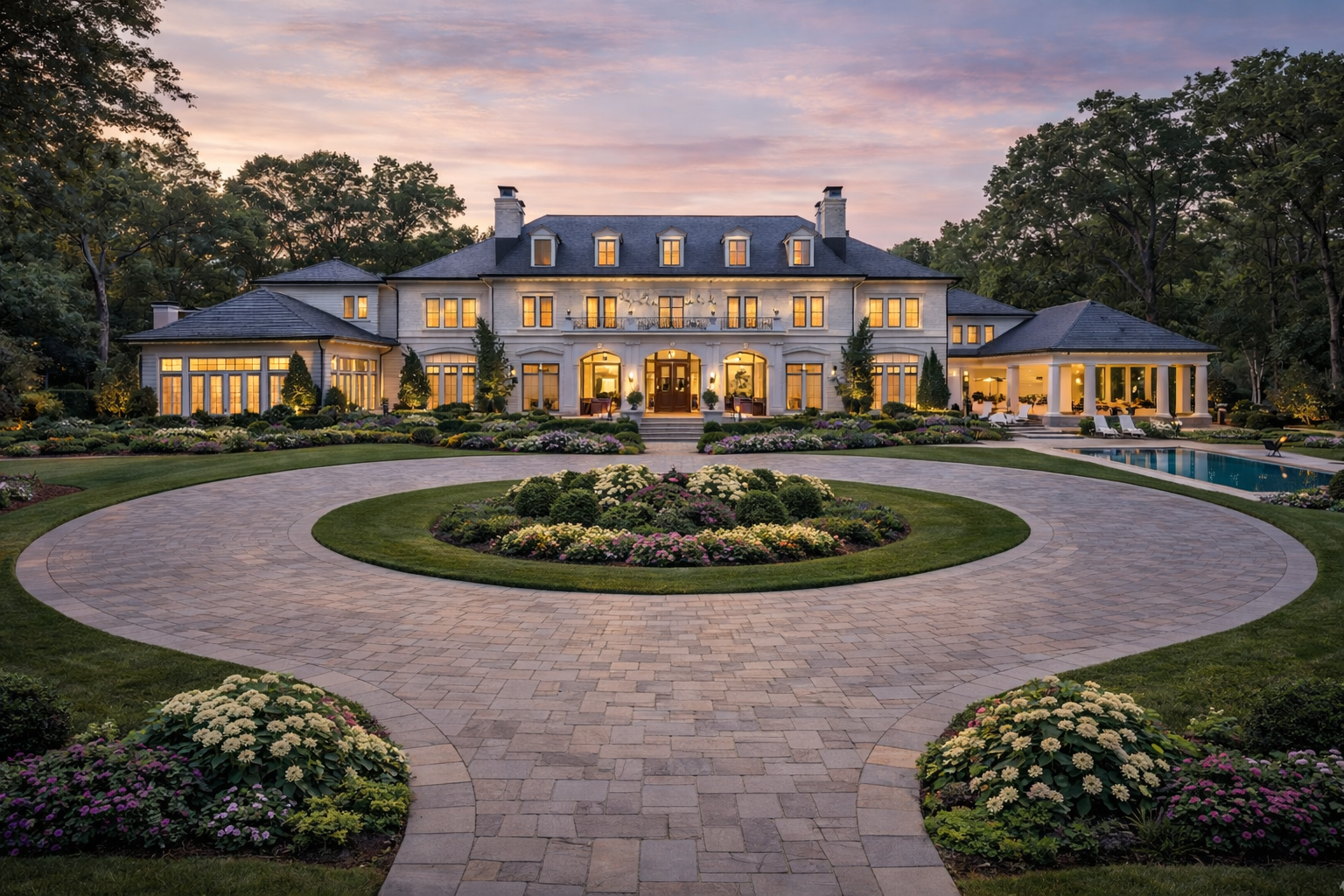 Expansive luxury estate in Charlotte with a circular driveway and extensive landscaping, photographed at dusk.