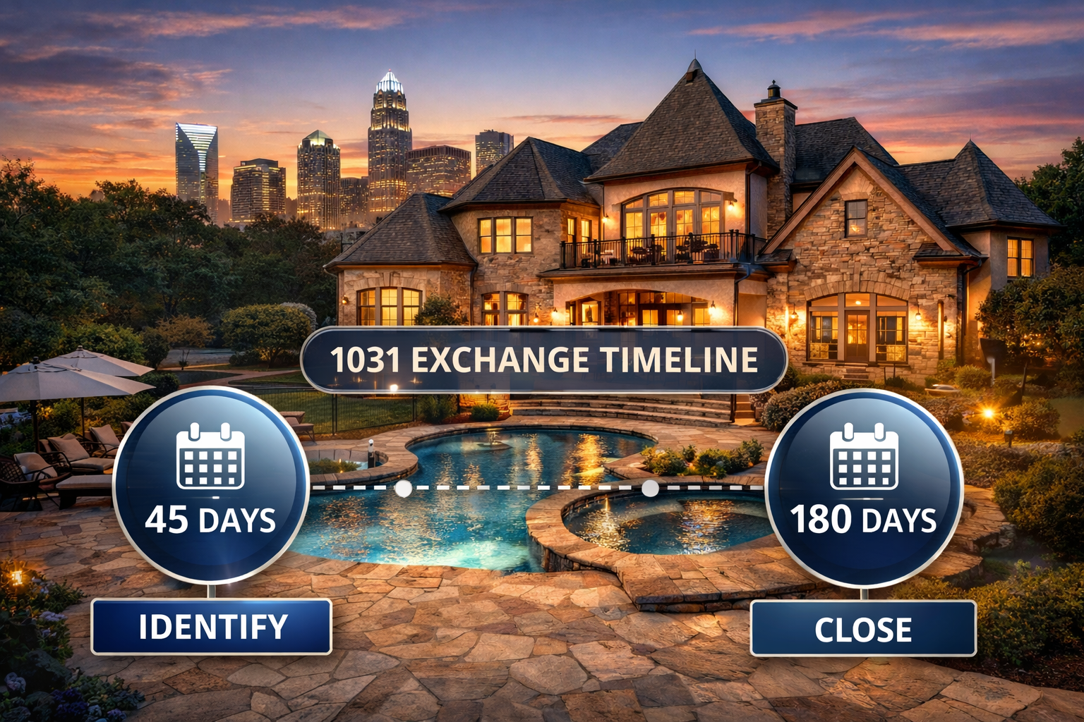 A luxury Charlotte investment property with a 1031 exchange timeline overlay showing the 45-day identification and 180-day closing deadlines.