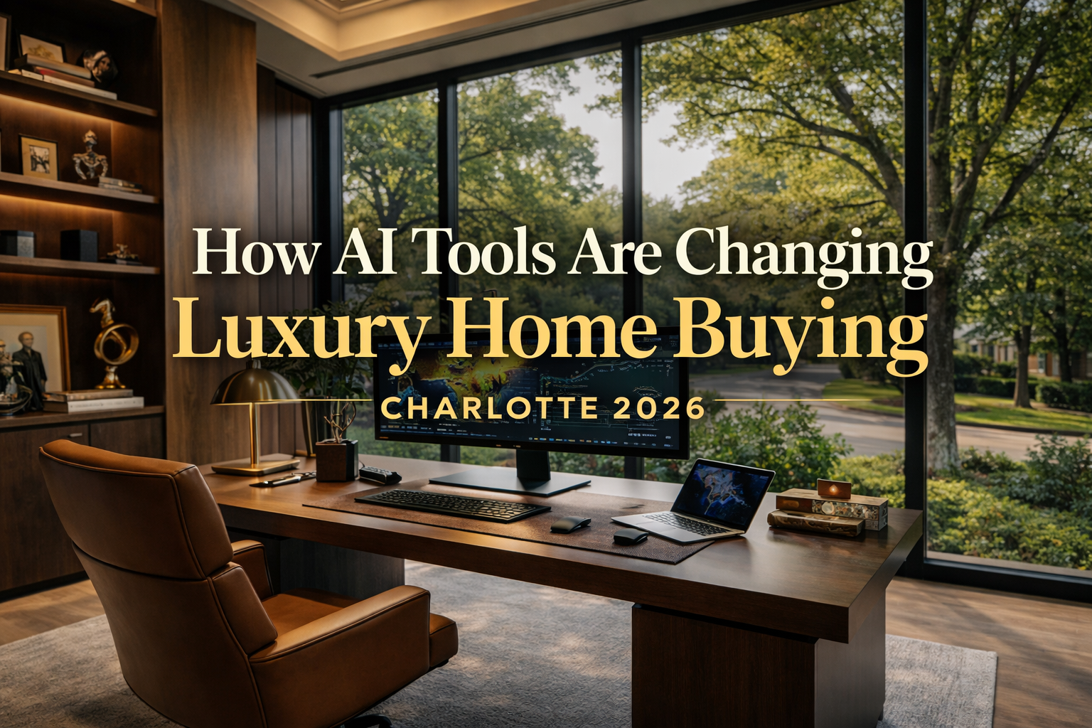 AI-powered real estate analytics dashboard in a luxury Charlotte home office showing predictive pricing and market data for luxury home buying in 2026