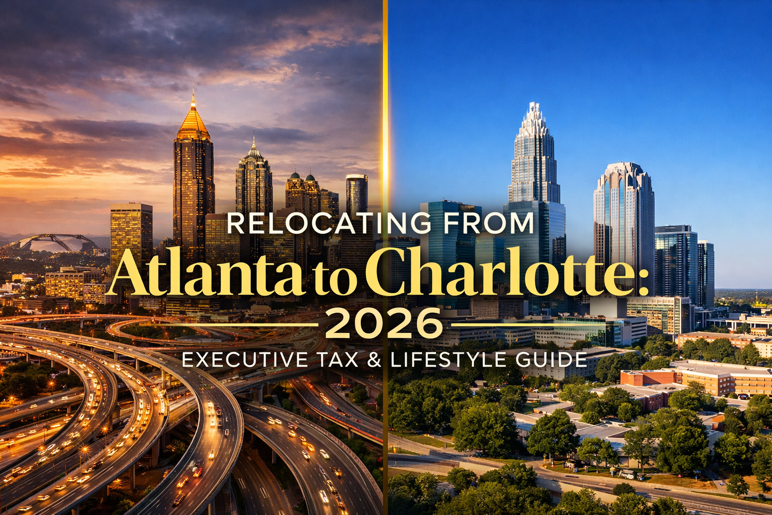 Aerial skyline comparison of Atlanta, Georgia and Charlotte, North Carolina illustrating the 2026
