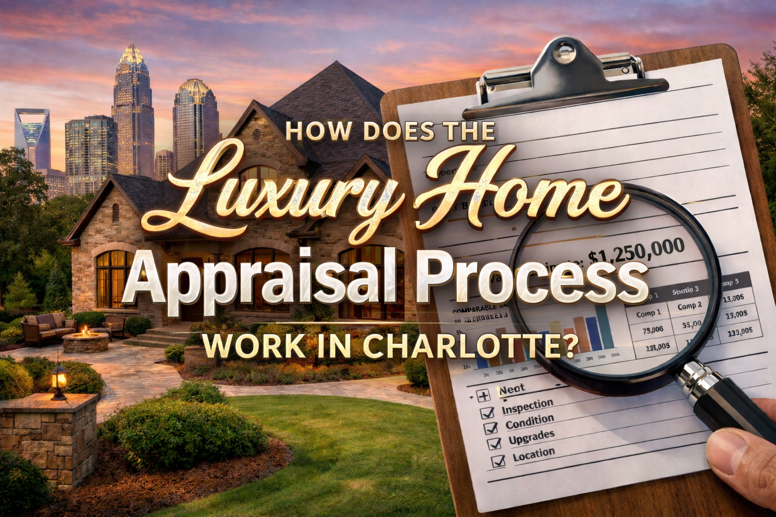 A luxury home in Charlotte with an appraiser's clipboard and magnifying glass overlay, symbolizing the detailed valuation process.