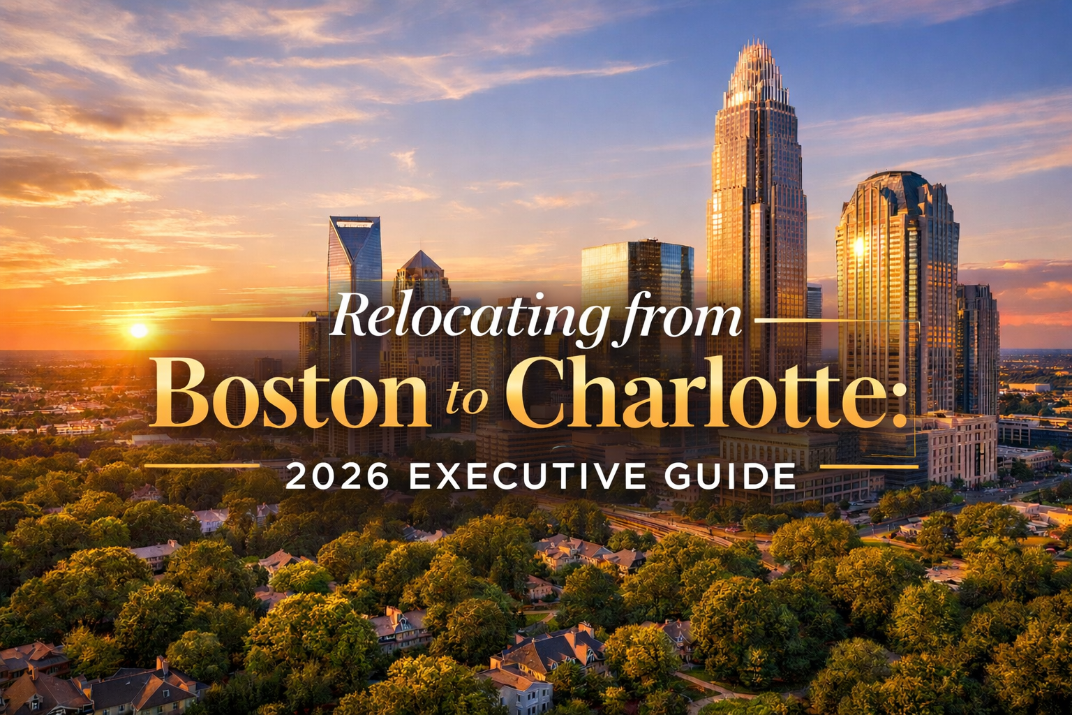 Aerial view of Charlotte North Carolina skyline at sunset with luxury high rise buildings and tree lined neighborhoods showcasing the city executives are relocating to from Boston