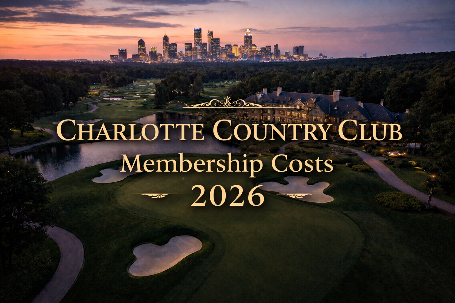 Golden-hour view across a private country club fairway toward a stately white-columned clubhouse