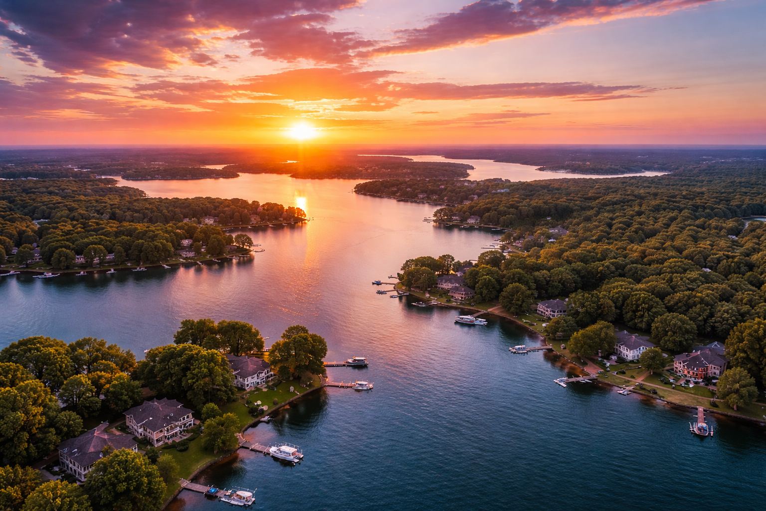 Stunning aerial view of Lake Norman, North Carolina, at sunset, with a vibrant pink and purple sky reflecting on the water.
