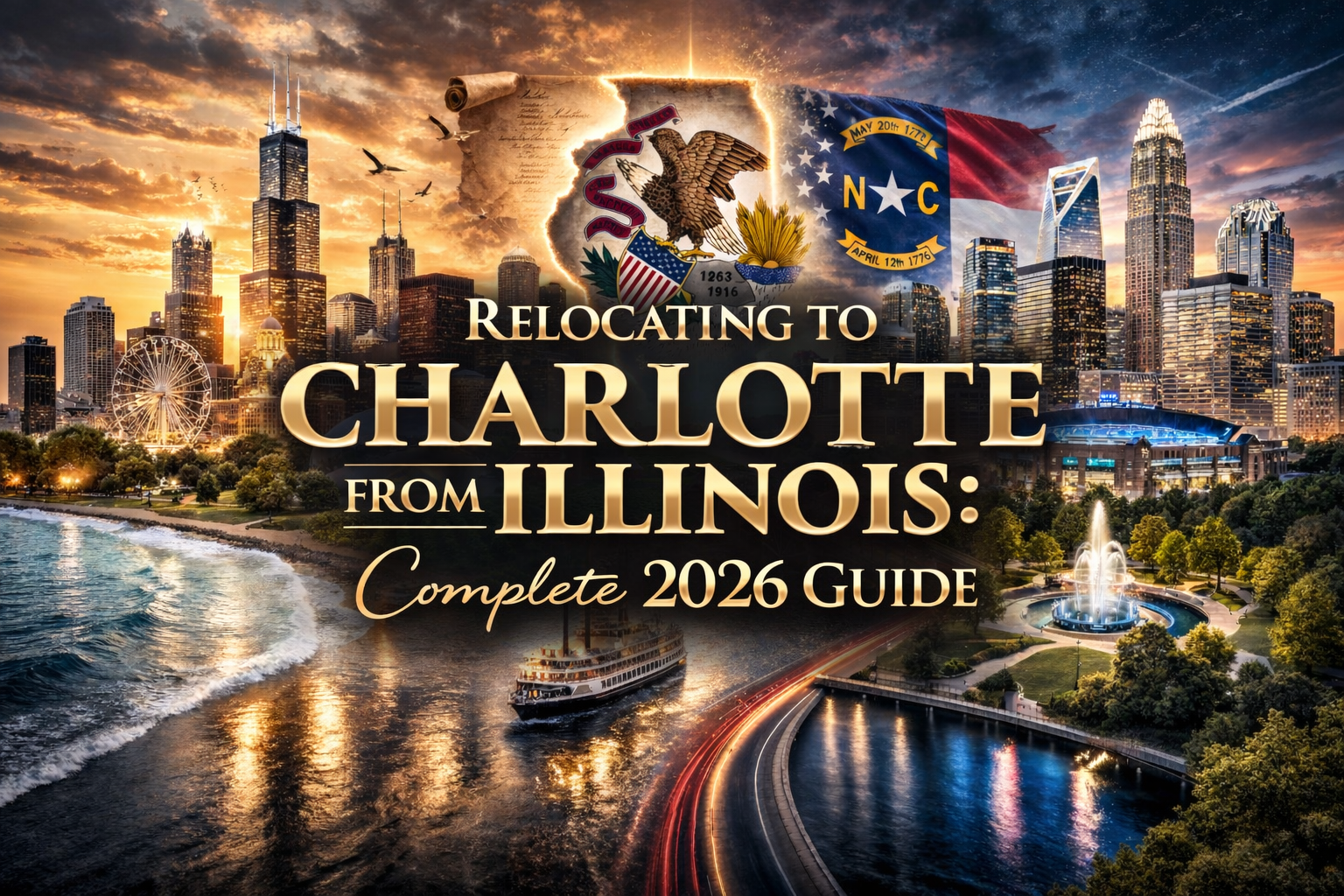 Charlotte North Carolina skyline and Illinois state outline comparison showing property tax savings, income tax relief, and relocation benefits for executives moving from Chicago to Charlotte with tax calculations and weather improvement