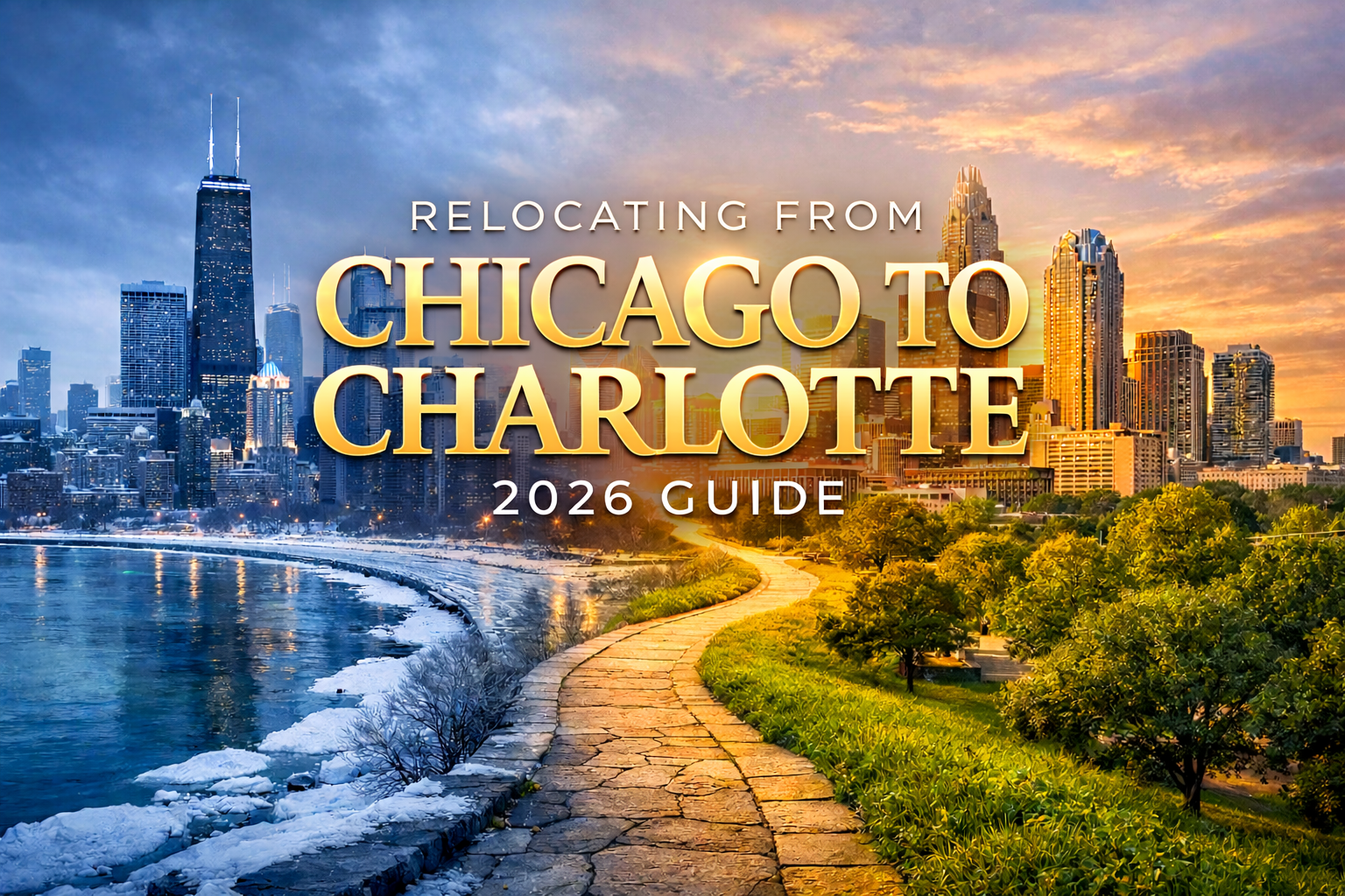 Chicago to Charlotte NC executive relocation guide showing Chicago skyline and Lake Michigan transitioning to Charlotte skyline with financial savings data 2026