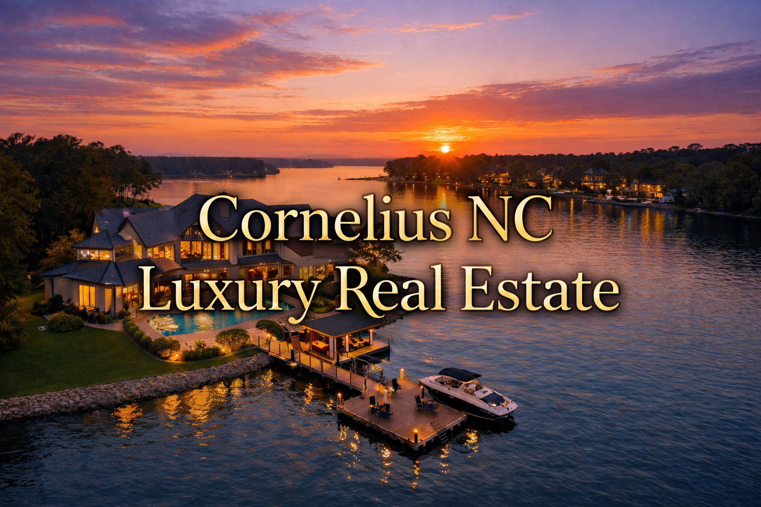 Luxury waterfront home in Cornelius NC on Lake Norman at sunset, showcasing the upscale real estate