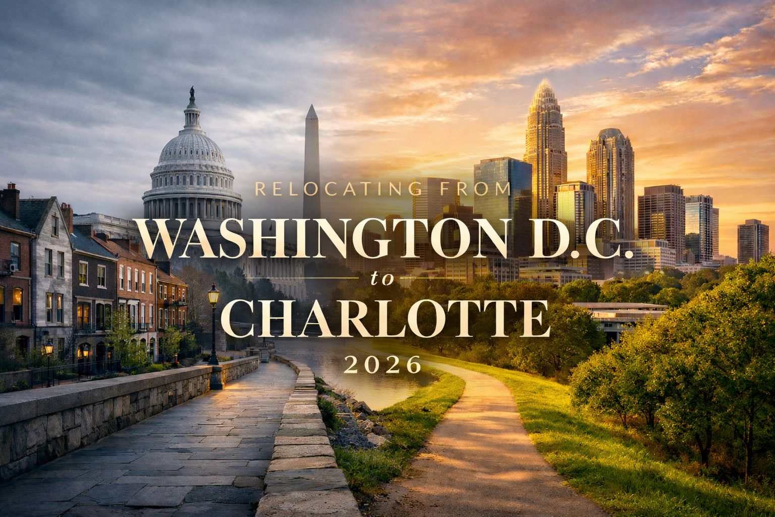 Washington D.C. to Charlotte NC executive relocation guide showing U.S. Capitol and D.C. skyline transitioning to Charlotte skyline with financial savings data 2026
