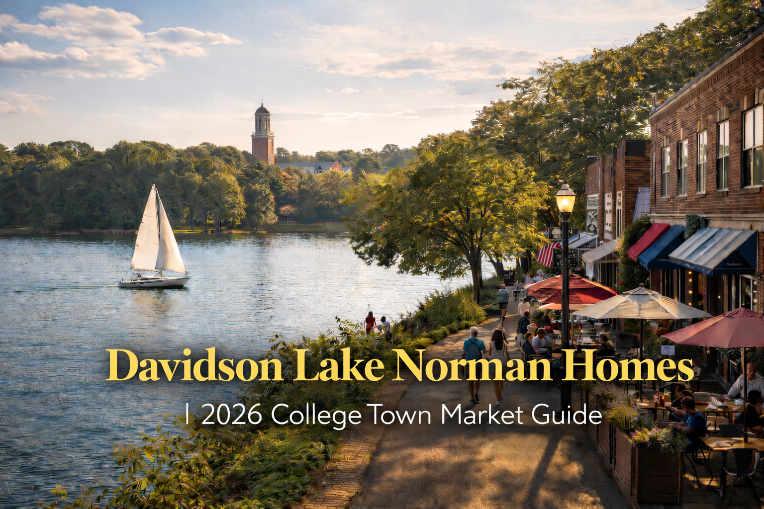 Lake Norman waterfront in Davidson with sailboat, college campus bell tower, and downtown main stree