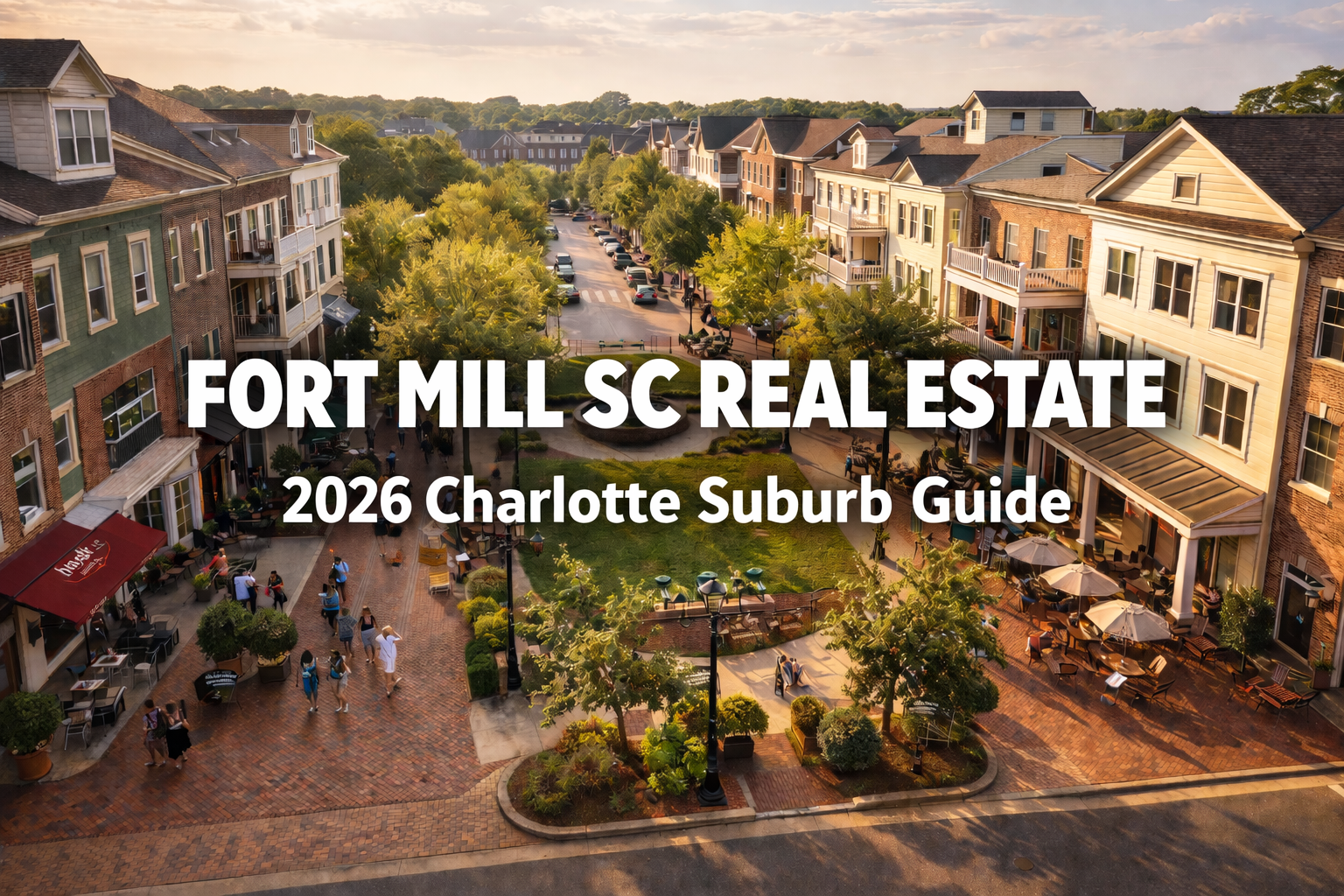 Aerial view of Baxter Village Fort Mill with walkable Main Street, shops, cafes, and pedestrians