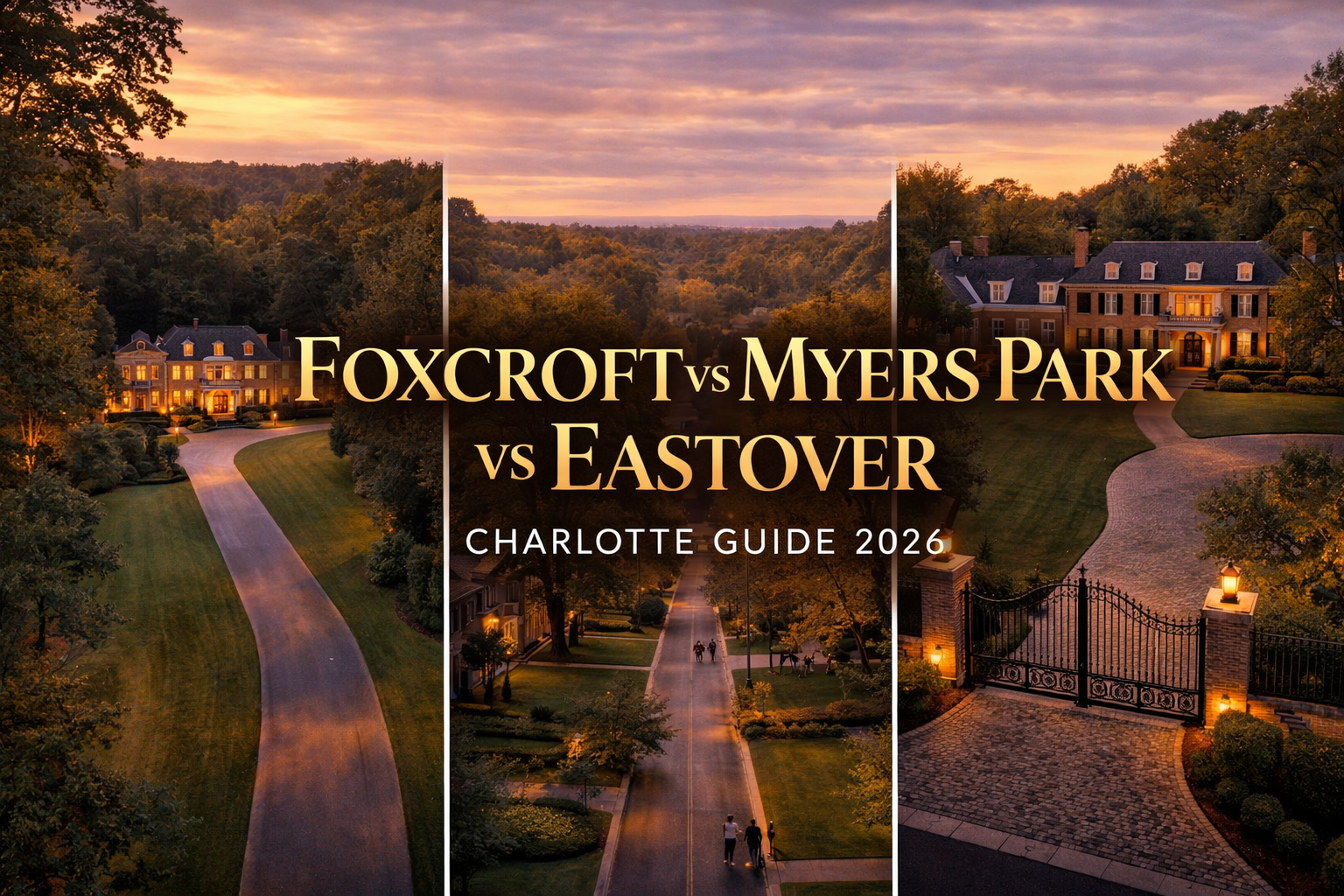 Aerial comparison of Foxcroft Myers Park and Eastover luxury neighborhoods in Charlotte NC showing estate lots tree-lined boulevards and gated properties