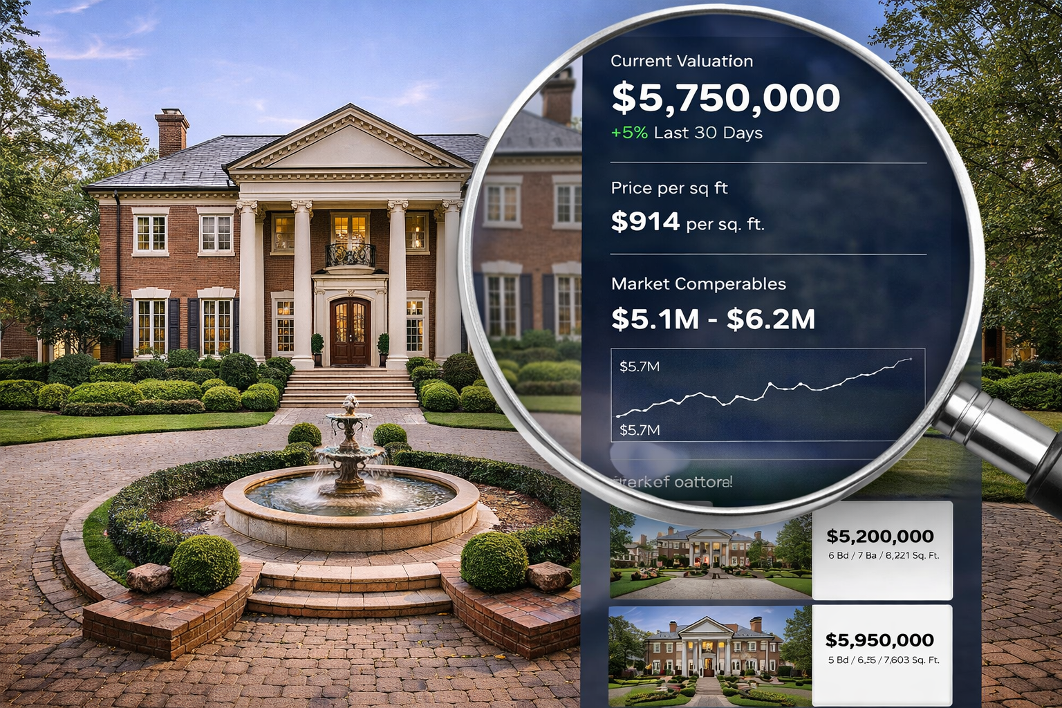 A luxury Charlotte home with a magnifying glass and data overlay showing valuation metrics, price per square foot, and market comparables.