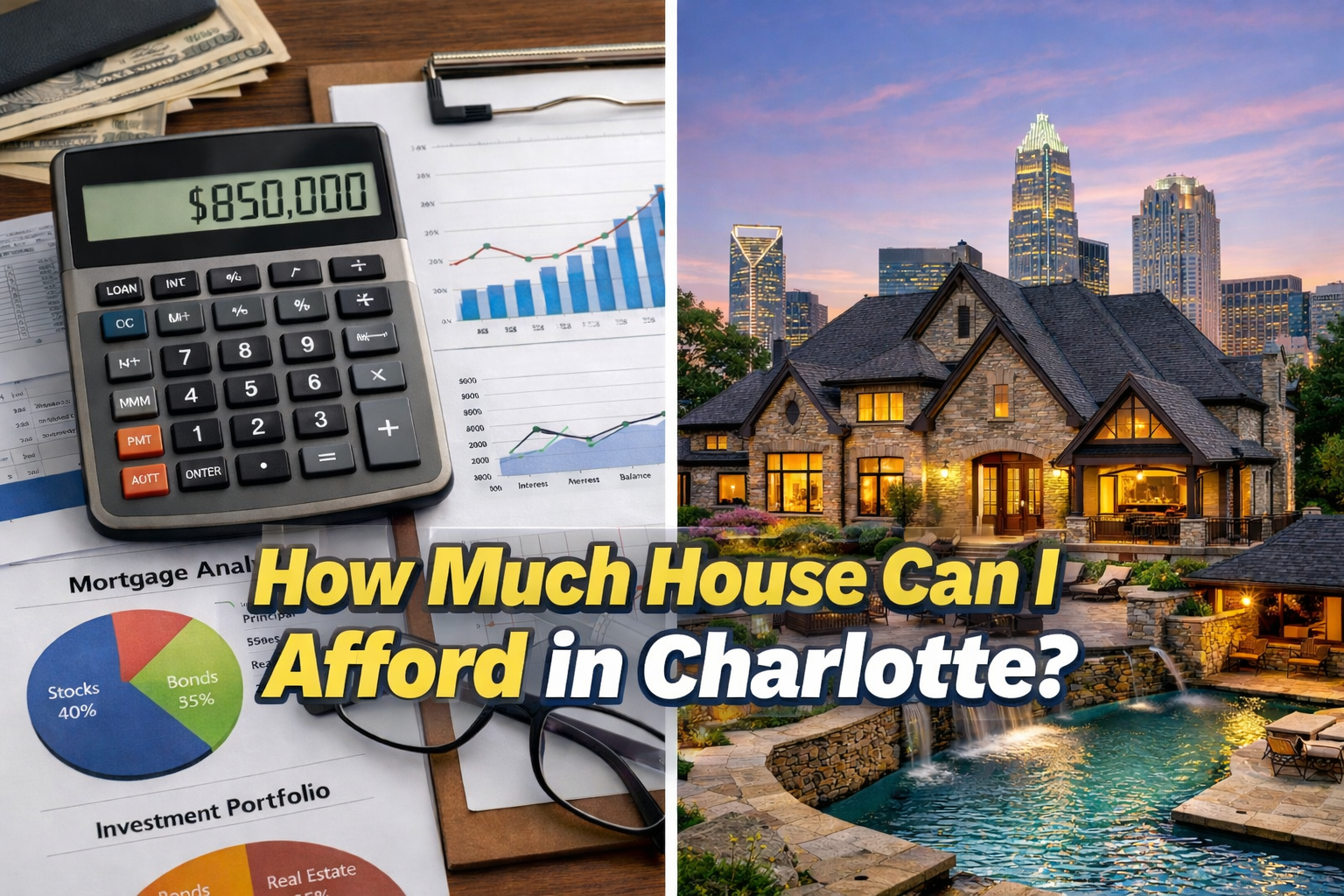 Charlotte luxury home affordability calculator showing income-to-price ratios for Myers Park, Eastov