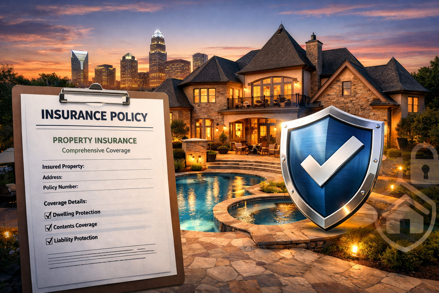 A luxury home in Charlotte with an insurance policy document and shield icon overlay, symbolizing comprehensive high-value property protection.
