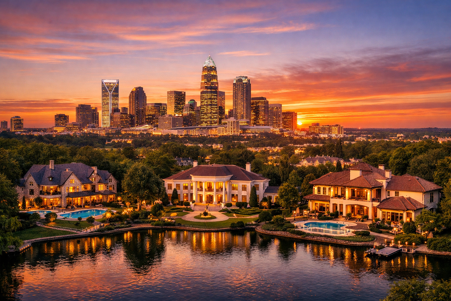 A panoramic view of the Charlotte skyline at sunset with luxury neighborhoods in the foreground, representing the city's appeal for high-net-worth relocators.