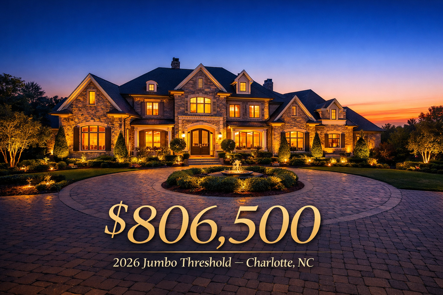 Luxury estate home in Charlotte NC at twilight representing jumbo loan financing for the 2026