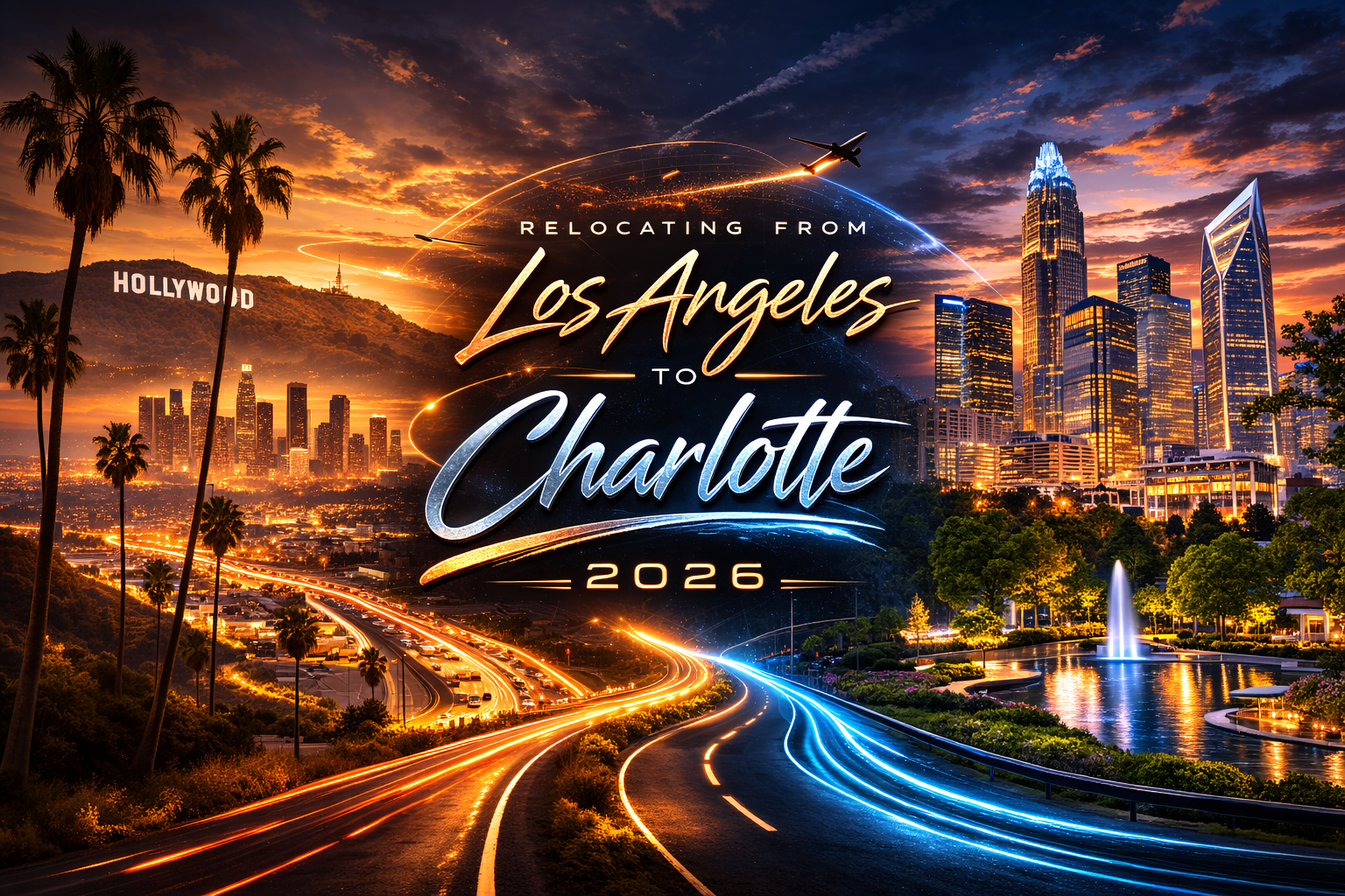 Los Angeles to Charlotte NC executive relocation guide showing LA skyline and palm trees transitioning to Charlotte skyline with financial savings data overlay 2026