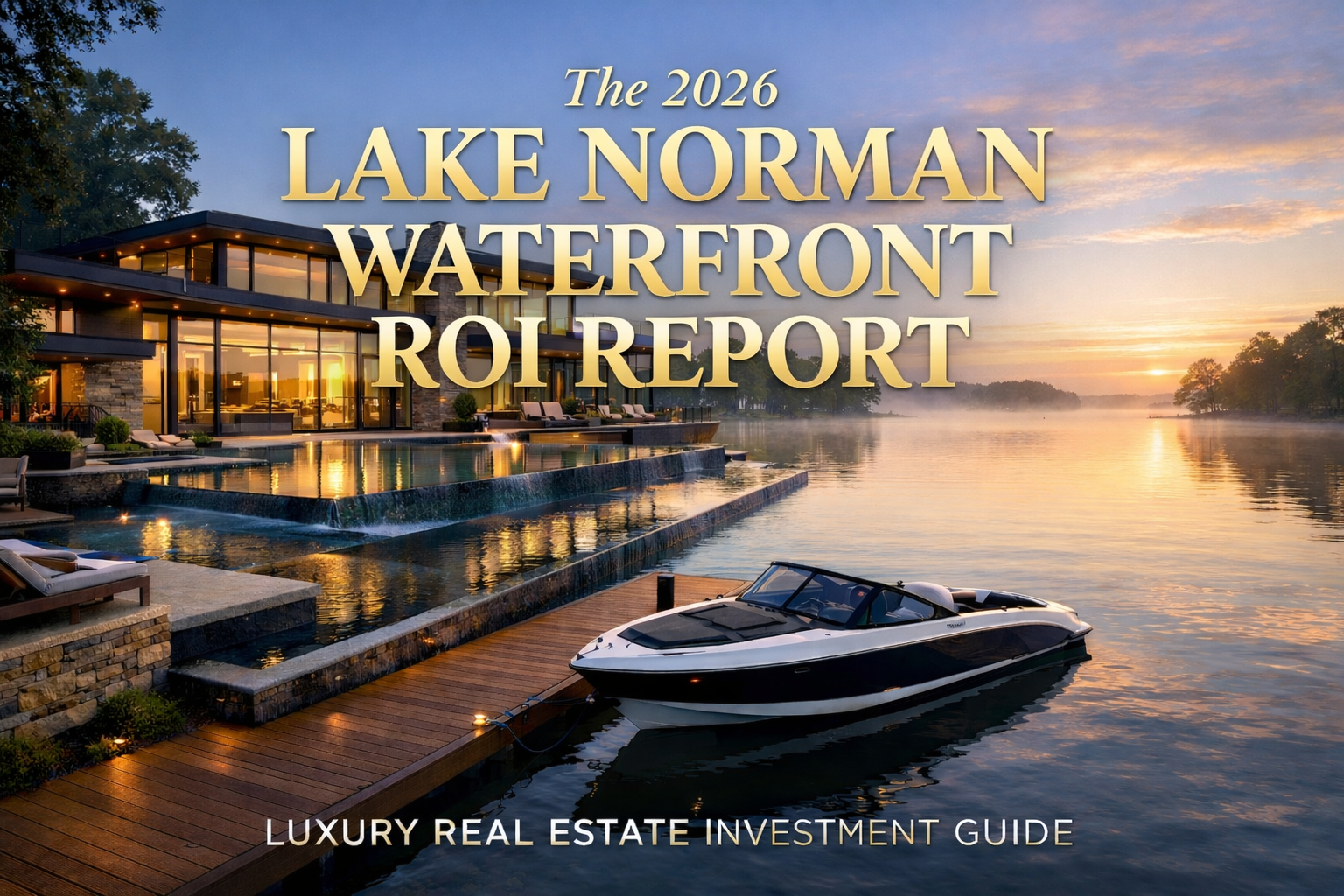 Modern luxury waterfront estate on Lake Norman with infinity pool and private dock at sunrise