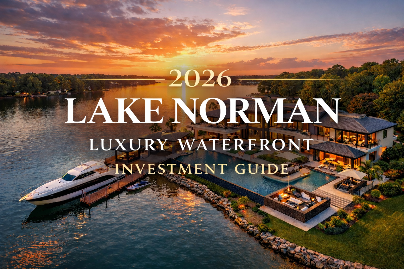 Aerial view of a luxurious waterfront estate on Lake Norman at sunset, with a yacht docked