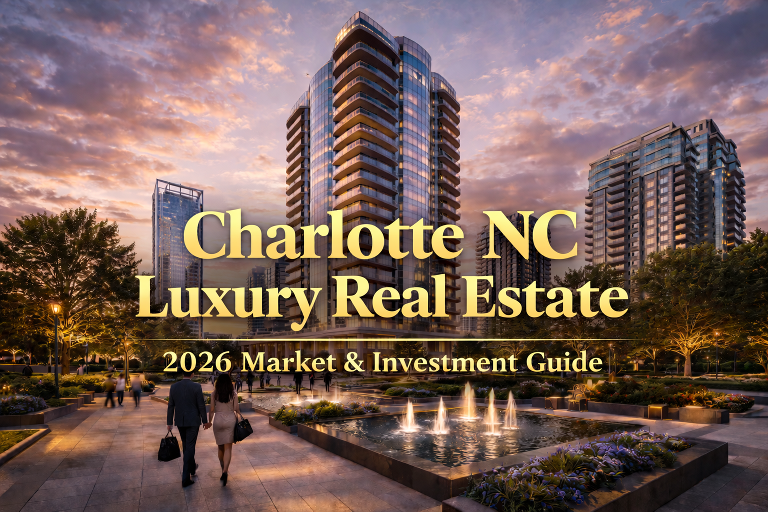 Modern luxury high-rise in Charlotte with glass facade, landscaped plaza, and business professionals