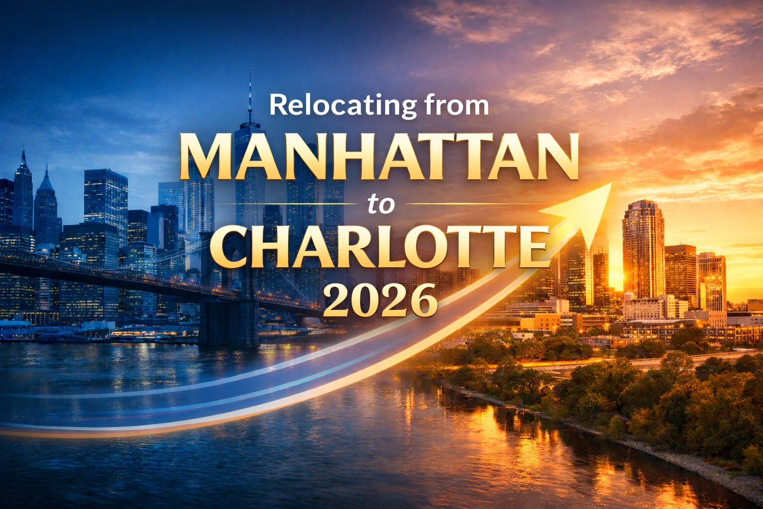 Manhattan to Charlotte NC executive relocation guide showing New York City skyline transitioning to Charlotte skyline with financial savings data overlay 2026