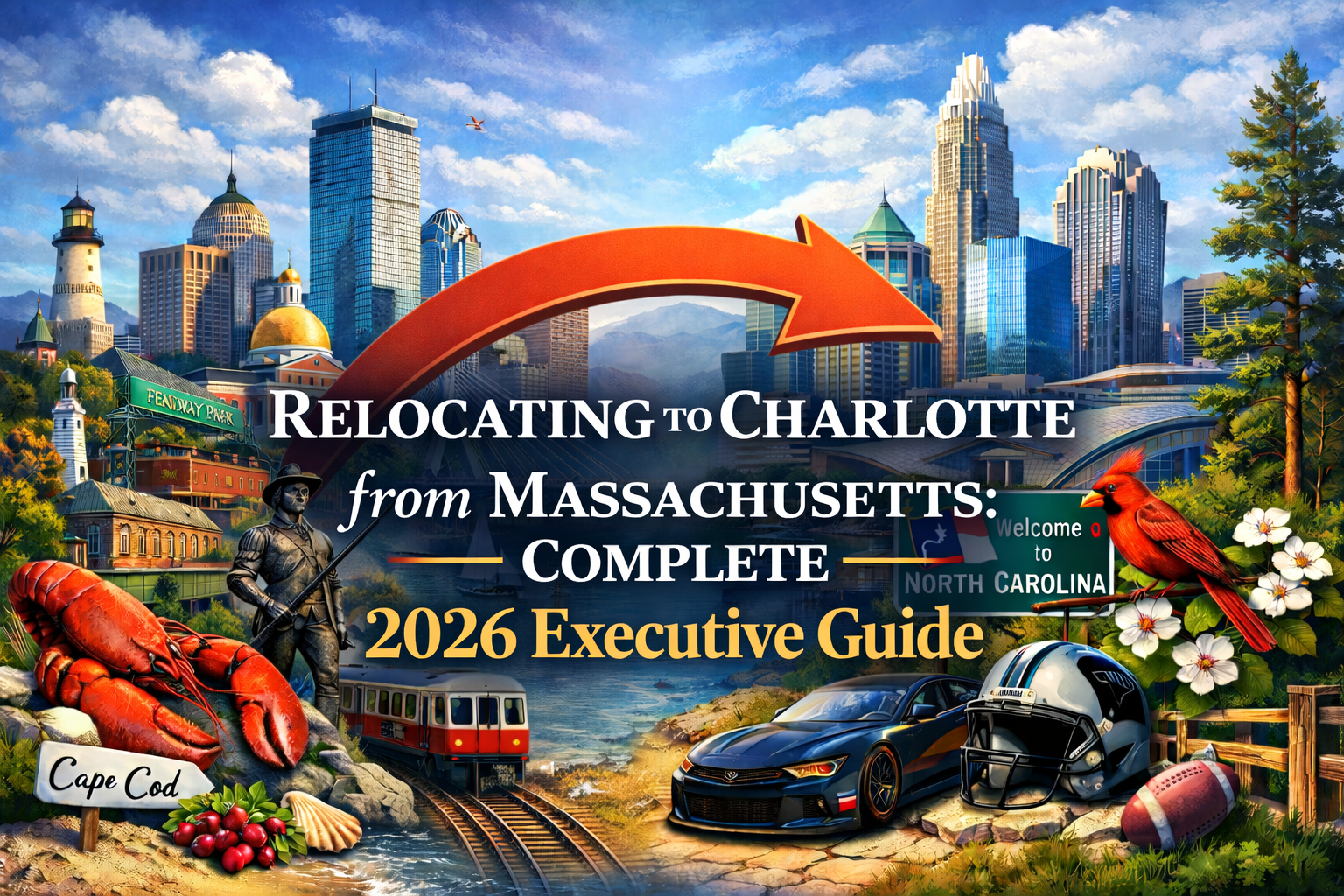 Charlotte skyline and Boston state house comparison showing tax savings and relocation benefits for executives moving from Massachusetts to Charlotte North Carolina