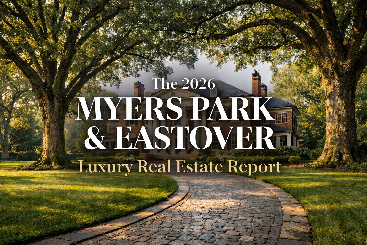 Stately historic mansion in Myers Park, Charlotte NC, framed by mature willow oaks and manicured gardens, representing timeless luxury and wealth preservation.