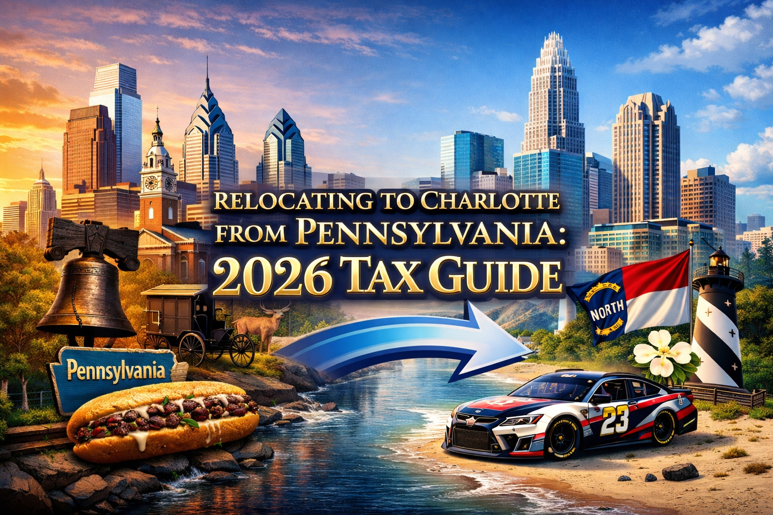 Charlotte skyline and Pennsylvania state outline comparison showing tax savings and relocation benefits for executives moving from Philadelphia to Charlotte North Carolina