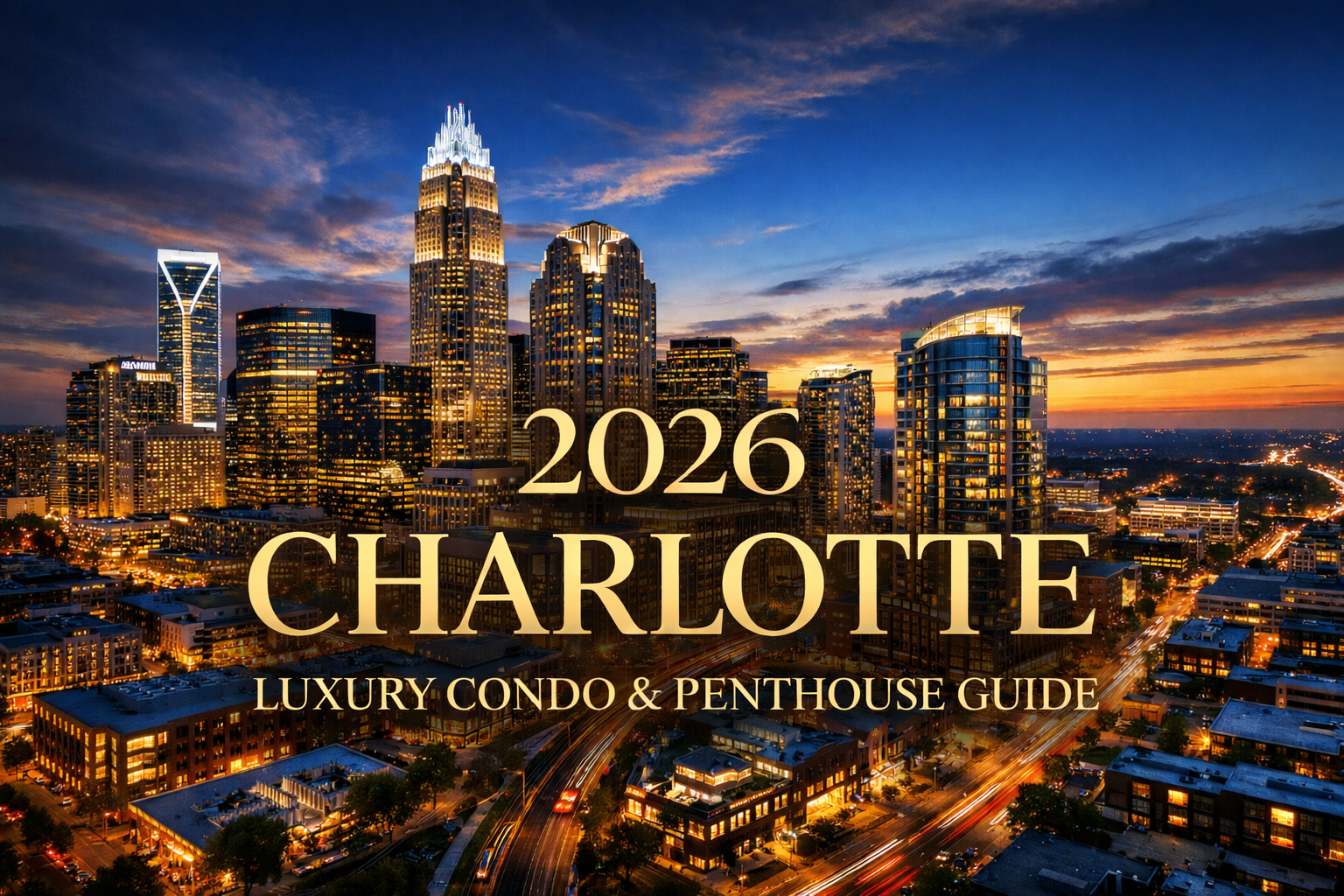 Charlotte NC luxury condo skyline at twilight featuring Uptown high rise penthouses and South End development corridor 2026