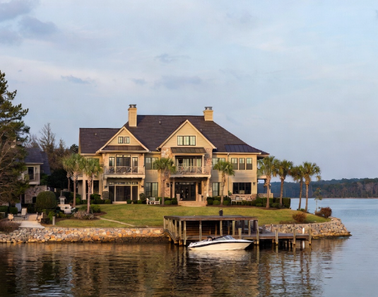 Large traditional lakefront estate on Lake Norman with a private boat dock, expansive lawn, and mature trees.