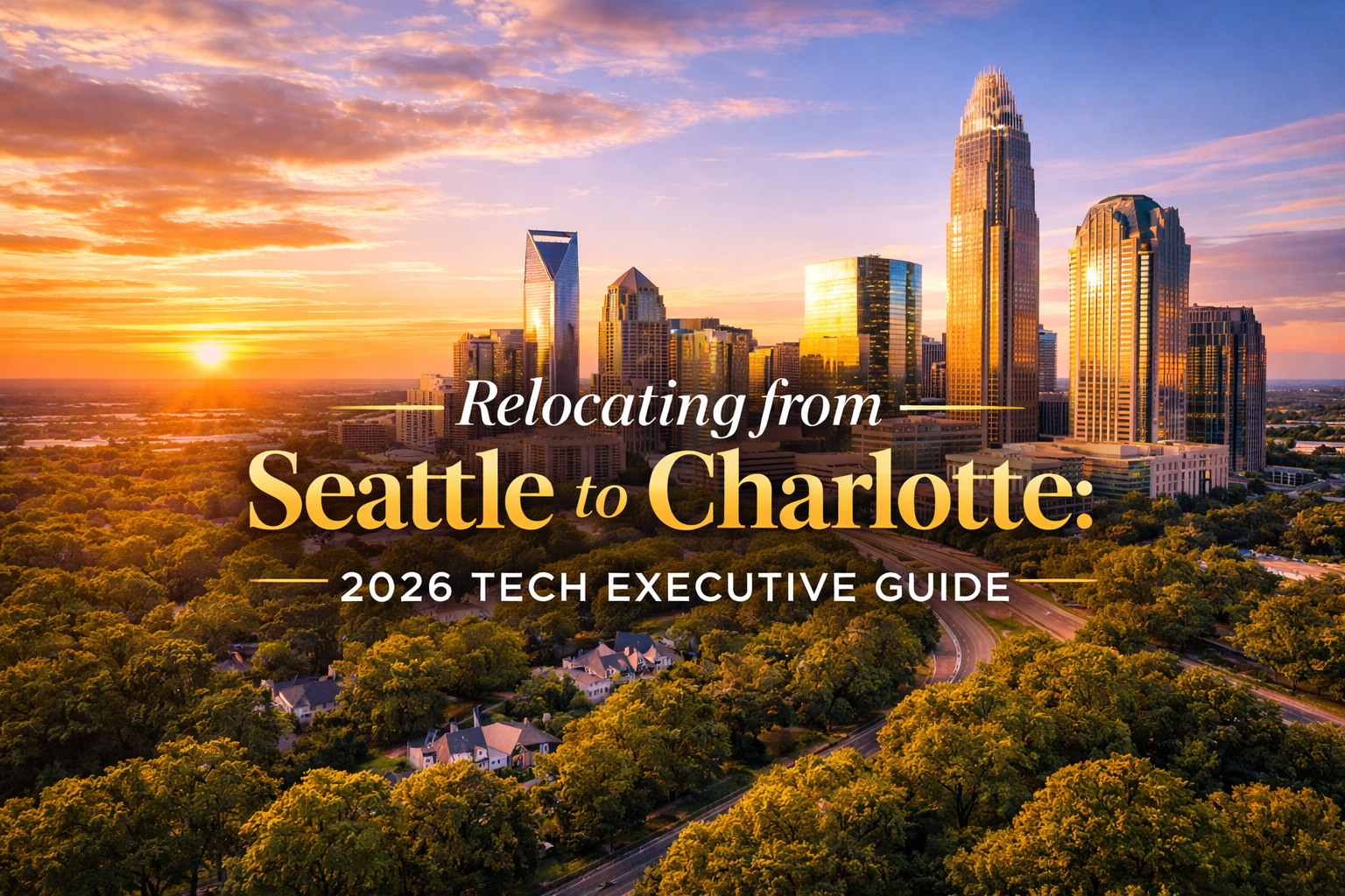 Aerial view of Charlotte North Carolina skyline at golden hour with modern skyscrapers and tree lined luxury neighborhoods showcasing the city tech executives are relocating to from Seattle