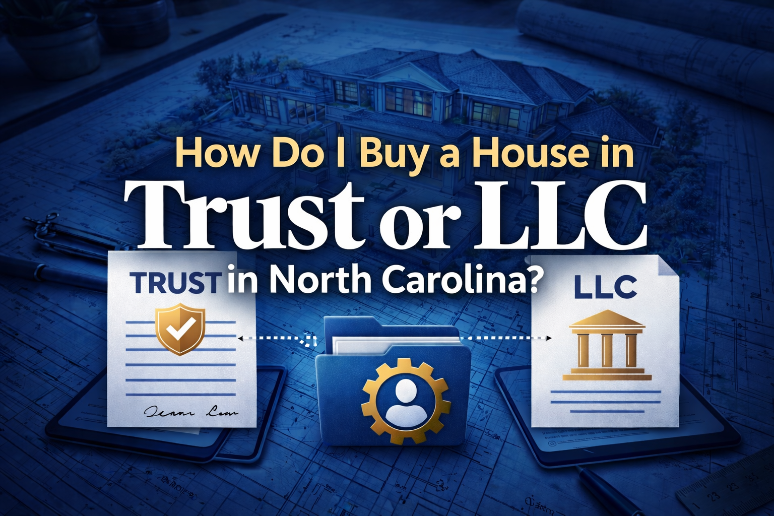 A luxury home blueprint overlaid with legal document icons representing trust and LLC ownership structures