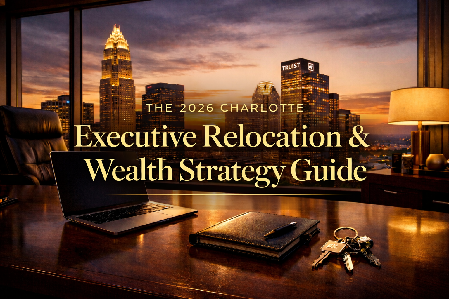 Luxury executive office overlooking the Charlotte NC skyline at sunset