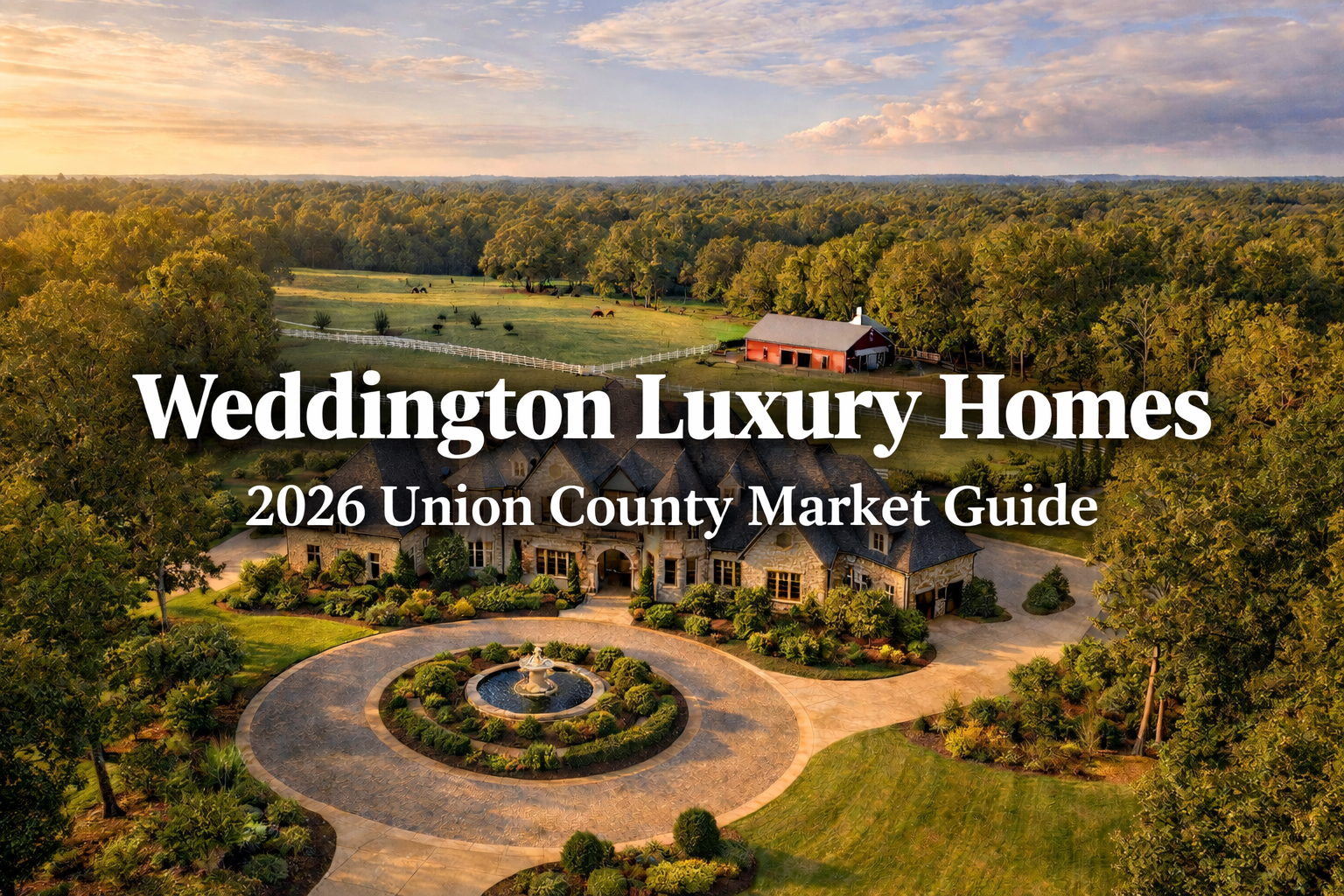 Luxury estate in Weddington with circular driveway, rolling hills & horse pasture