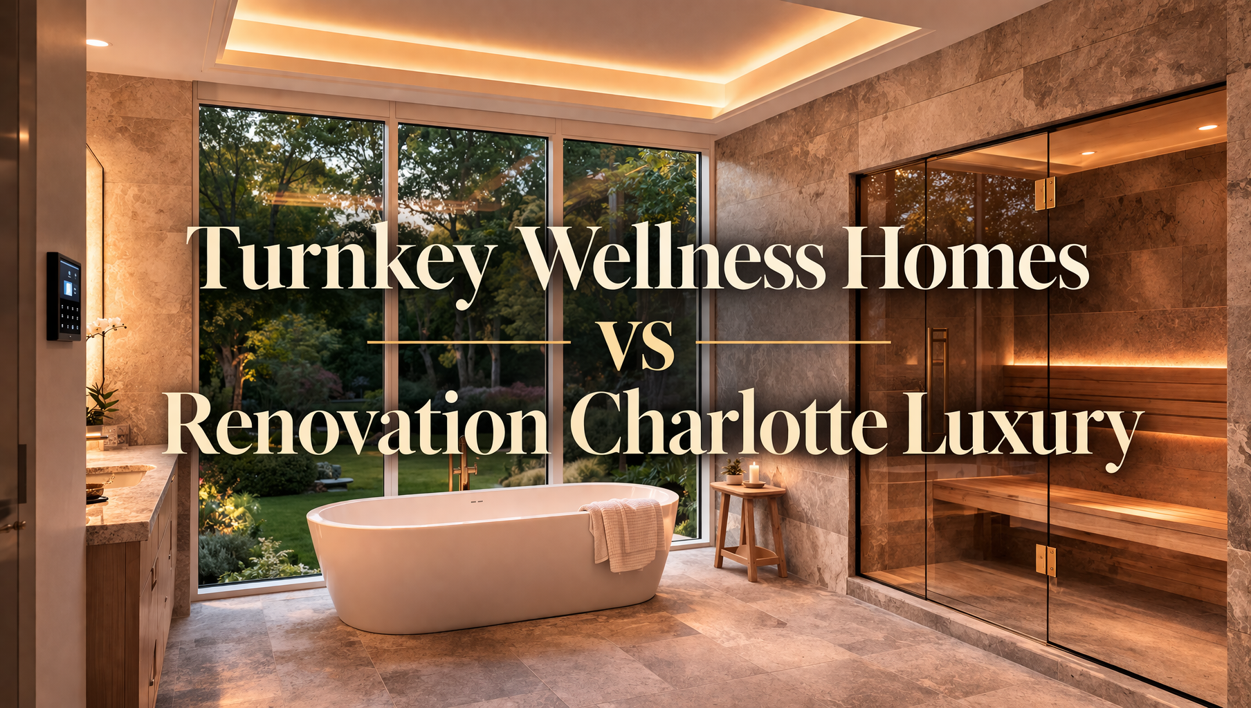Luxury wellness primary suite in Charlotte NC featuring soaking tub circadian lighting and infrared