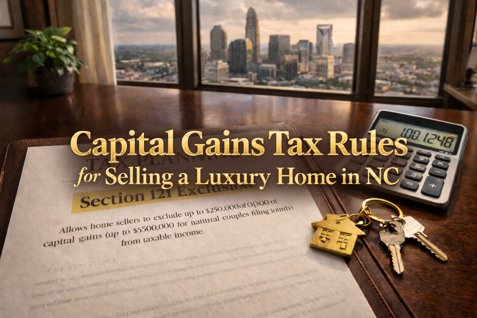 Capital gains tax planning documents and calculator for luxury home sale in Charlotte NC 2026